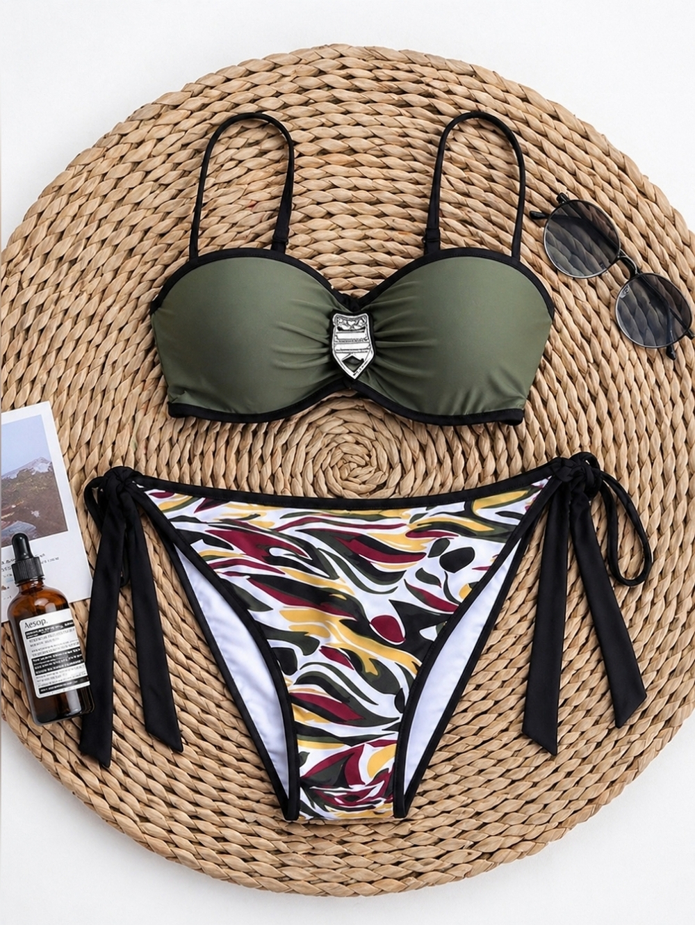 Green Black Bikini Set Underwire Side Tie Zebra Abstract Swimsuit